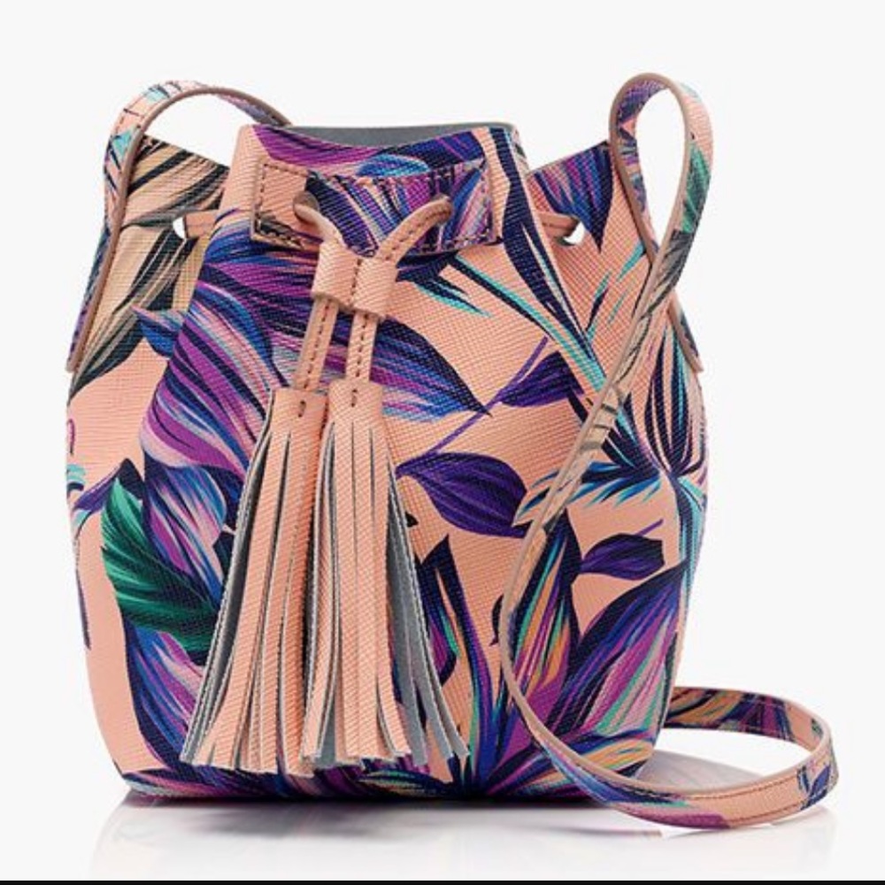 JCrew Pink Floral Printed Leather Drawstring Bag